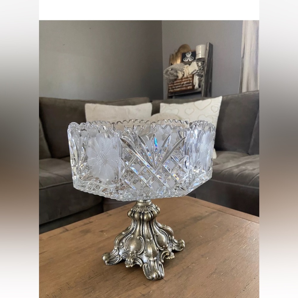 Art Nouveau Hand Cut Crystal Octagon Bowl Saw Tooth Edge With Brass